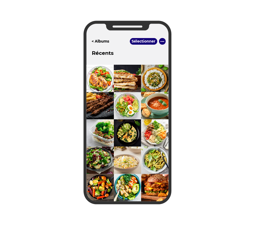 Une image montre un écran de téléphone avec une galerie de photos de repas.