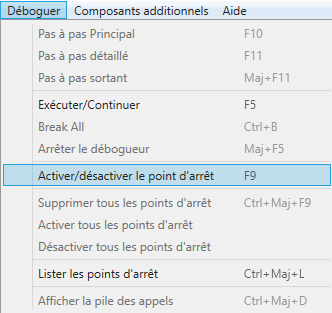 Dans le menu Déboguer, l'option Activer ou Désactiver le point d'arrêt est sélectionnée