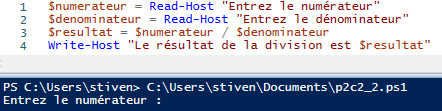 Des exemples de syntaxe Red-Host, par exemple $numerateur = Read-Host