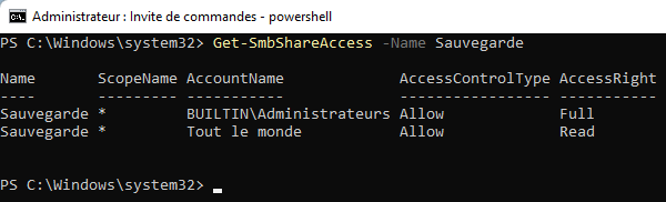 L'utilisation de la cmdlet Get-SmbShareAccess renvoie des informations identiques