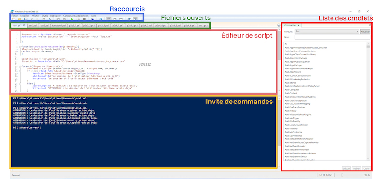 En bleu, les raccourcis, en vert les fichiers ouverts, en rose, l'éditeur de script, en jaune l'invite de commandes, en rouge sur la droite la liste des cmdlets
