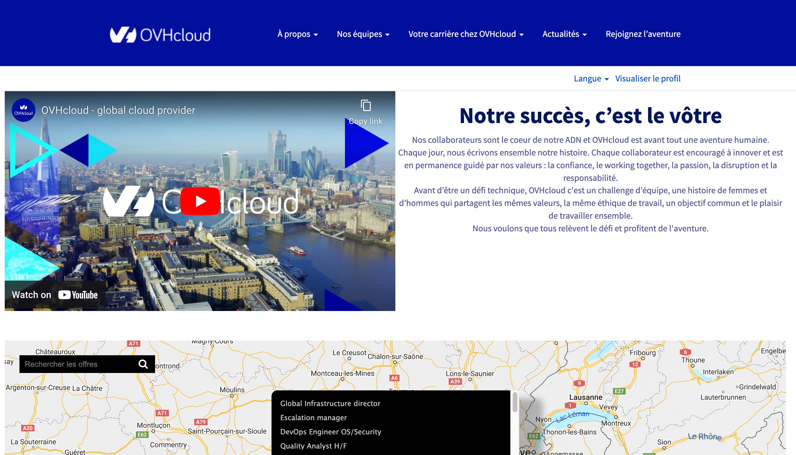 Le site Carrières d'OVH vous donne des informations sur l'entreprise, permet de filtrer par géographie...