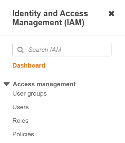 Screenshot du menu 'access management' du service IAM avec les liens suivants: User groups, Users, Roles, Policies