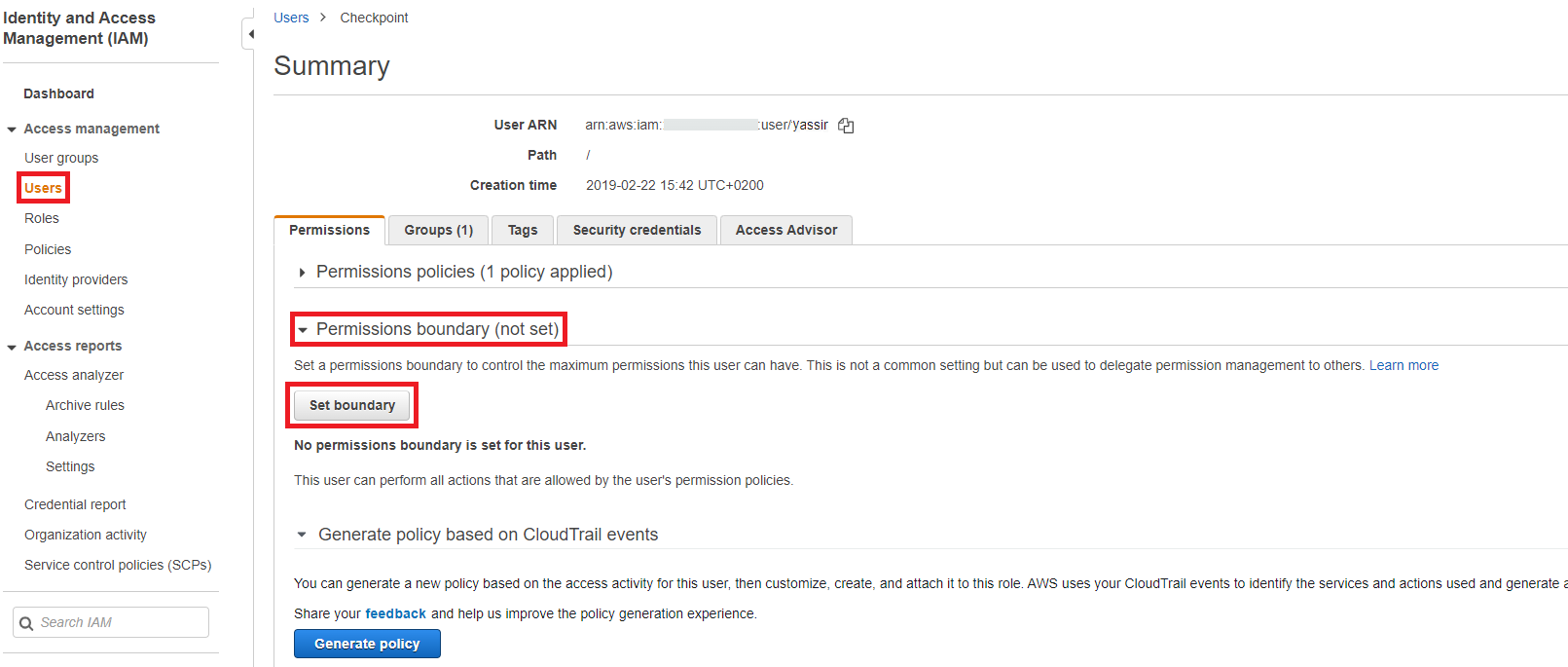 Screenshot du page 'users' de service IAM, onglet 'permissions'