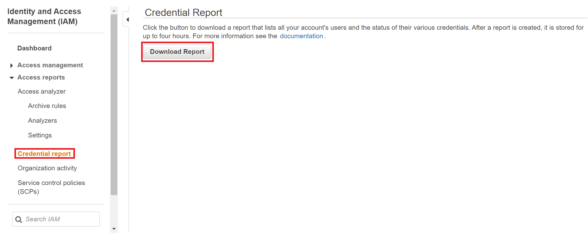 Screenshot du page 'credentials report' dans le menu 'access reports' du service IAM