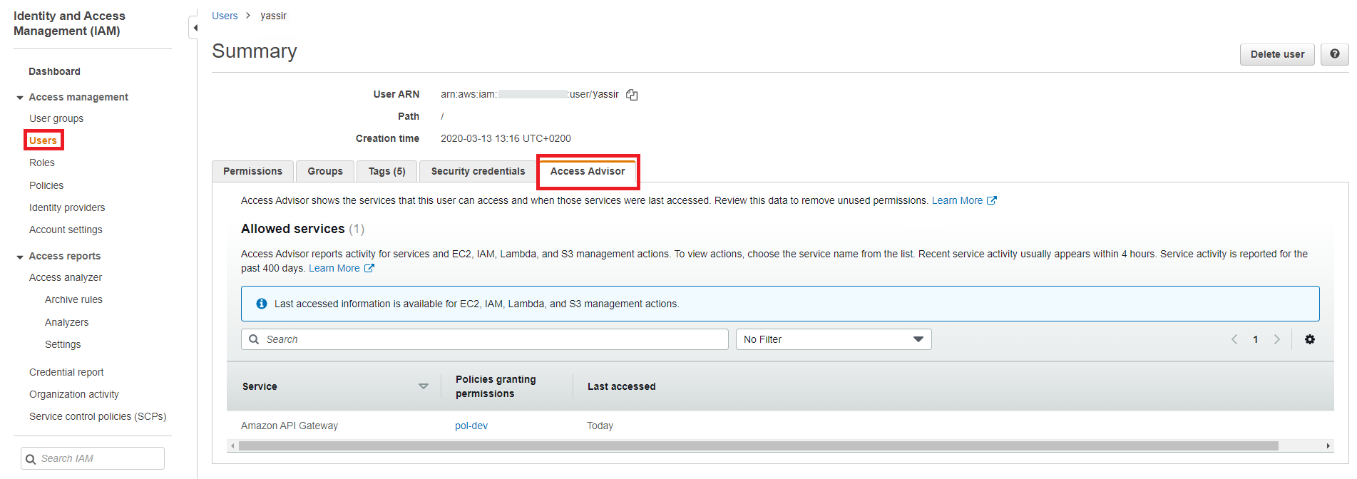 Screenshot de l'onglet 'access advisor' sur la page 'users' du service IAM