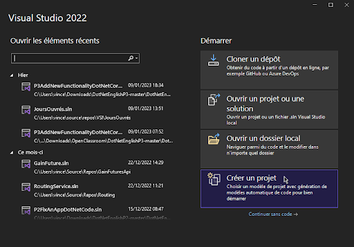Fenêtre d'accueil de Visual Studio