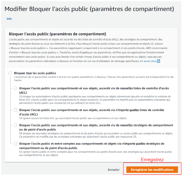 Screenshot de l'onglet 'modifier Bloquer l'accès public'
