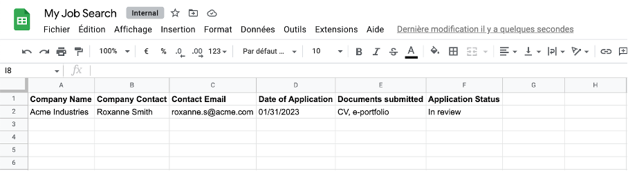 Example of how to use a spreadsheet to organize your job search