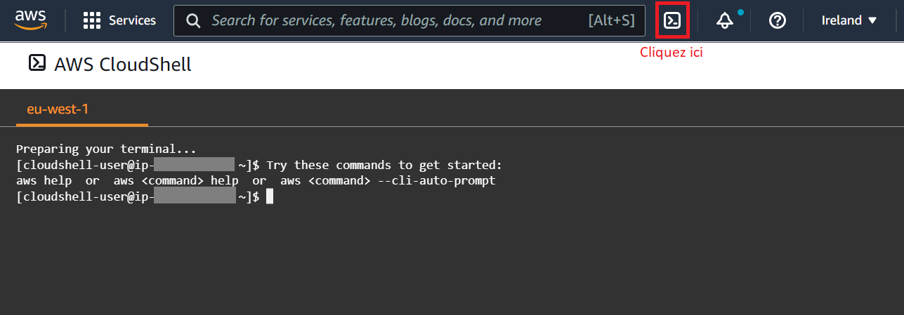 Screenshot d'interface 'AWS CloudShell'. En haut à droite on voit l'icone de AWS Management Console avec la note 'cliquez ici'