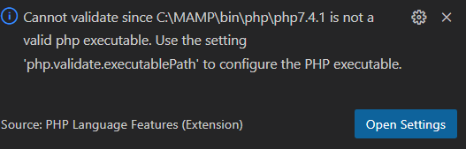 message err VSC Mamp PHP - msg err can not validate C:\MAMP\bin\php ...