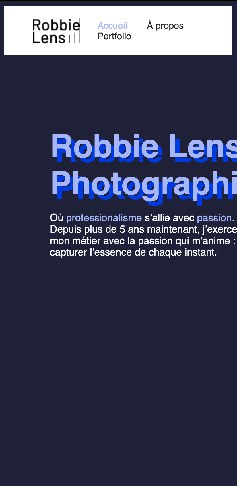 En format mobile, la page de Robbie Lens n'est pas centrée, on ne peut pas lire tout son contenu, qui n'est pas centré ni redimensionné.