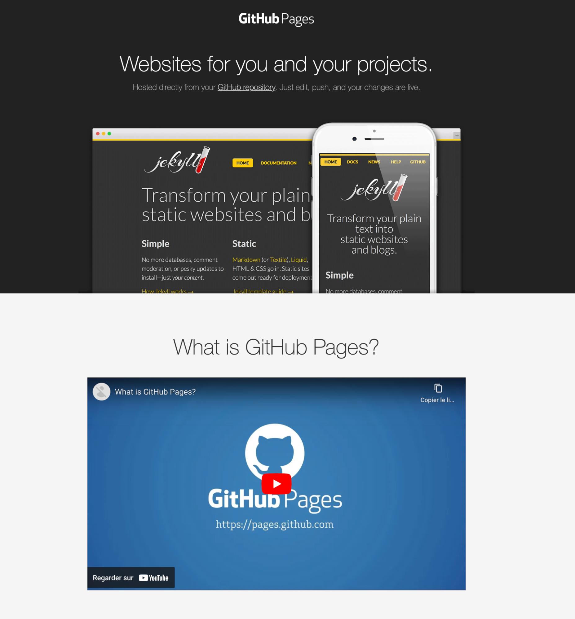 La page d'accueil promotionnelle de Github Pages.