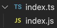 Une flèche qui pointe vers le bas est placée à gauche du fichier TypeScript nommé index.ts. En déroulant la flèche, on trouve le fichier JavaScript nommé index.js