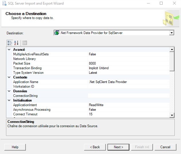 Assistant Importation et Exportation SQL Server : choisir une destination