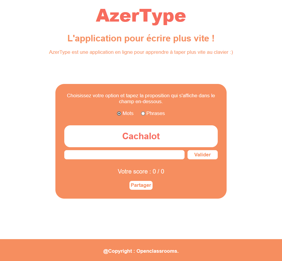 Maquette de l’application AzerType. Au milieu, l'interface de l'application est affichée dans un encart orange. Ce dernier contient de haut en bas : les mots à taper, le champ de texte, le score et deux boutons
