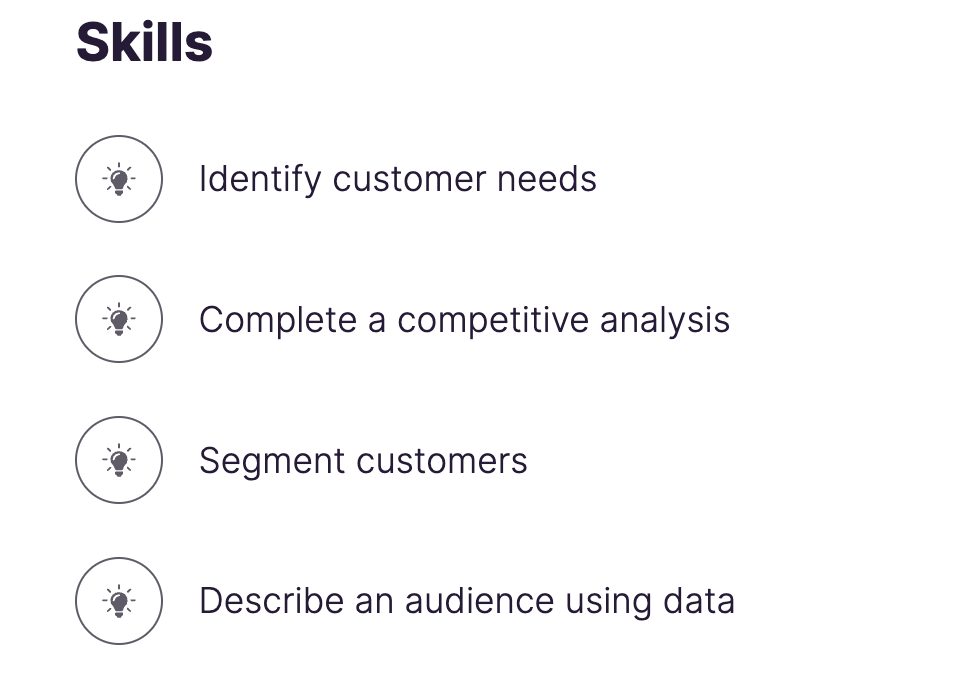 Screen capture of a list of 4 skills that will be assessed, as it appears in a project brief on the platform