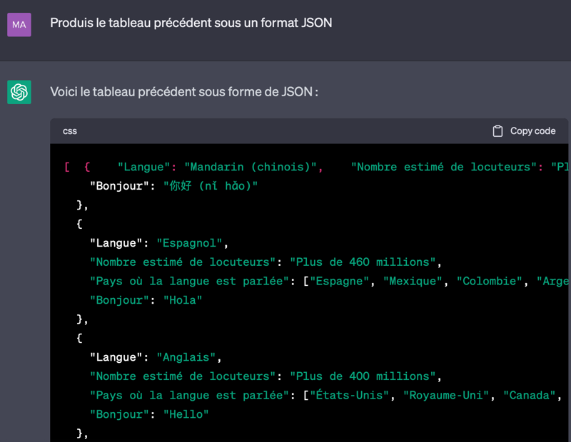 ChatGPT a écrit du code pour générer un tableau en utilisant la syntaxe JSON