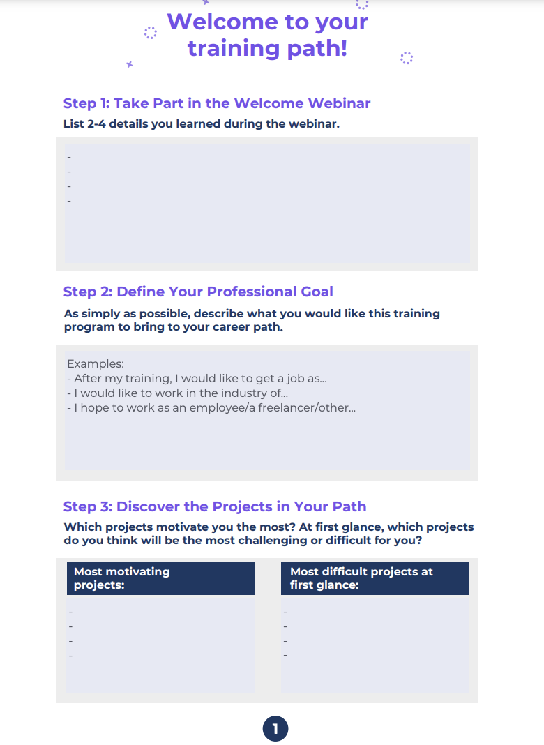The 3 steps in project number 1. Firstly, list 2 to 4 key takeaways from the welcome webinar. Secondly, define your professional goal. Thirdly, discover the projects in your training program.