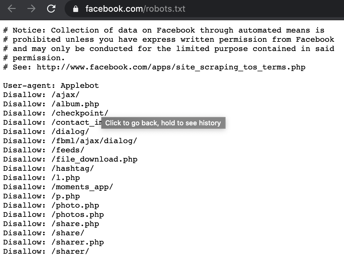 La page robots.txt de facebook renvoie un texte en anglais indiquant que l'extraction est interdite.