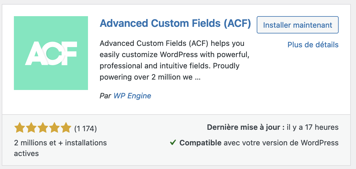 Nous retrouvons ACF dans les résultats de recherche d’un plugin sous WordPress