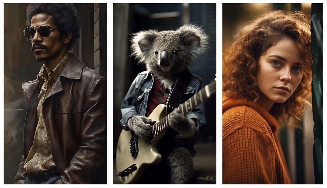 Images photo réalistes d'un homme avec des lunettes de soleil et une veste en cuir ; un koala qui joue de la guitare électrique ; une femme rousse avec un pull orange.