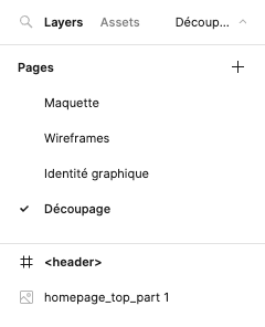 Dans le menu Pages, Découpage est sélectionné. En dessous, le frame est nommé header.