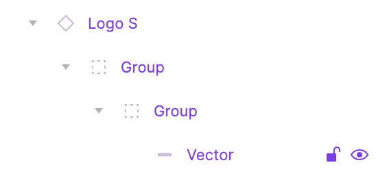 Screenshot du menu de gauche avec les éléments Logo S, deux éléments Group et un élément Vector.