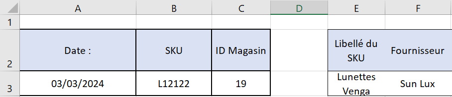 Capture d'écran des lignes 2 et 3 du DRP où sont renseignés les 5 éléments du périmètre d'analyse : la date, le SKU, l'ID du magasin, le libellé du SKU et le fournisseur.