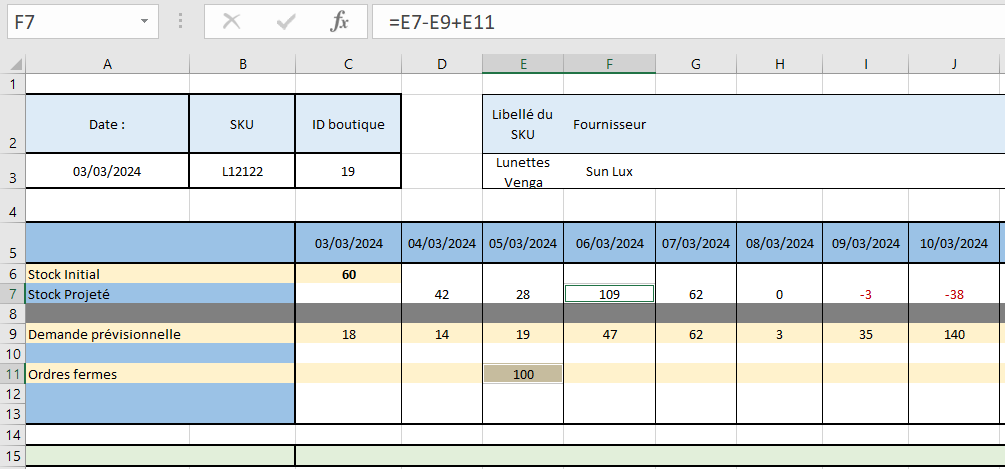 Renseignez la quantité en commande (100) sur la ligne “Ordres fermes” en E11