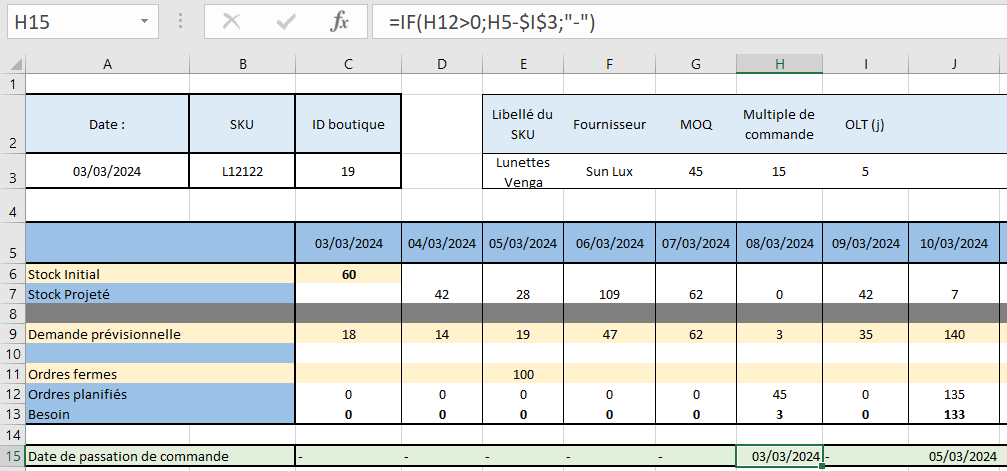 L’OLT de 5 jours est affiché en cellule I3 - le DRP affiche maintenant les dates de passation de commande.