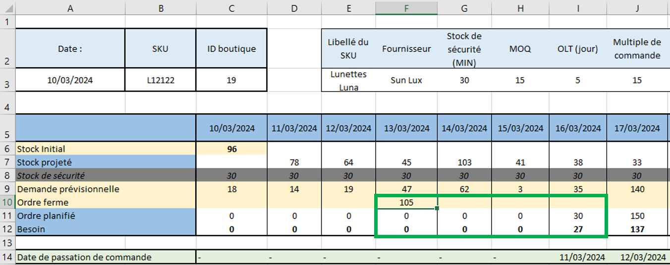Le DRP affiche en F10 un ordre ferme de 105 unités le 13/03 et en I11 un ordre planifié de 30 unités dans les 4 jours qui suivent.