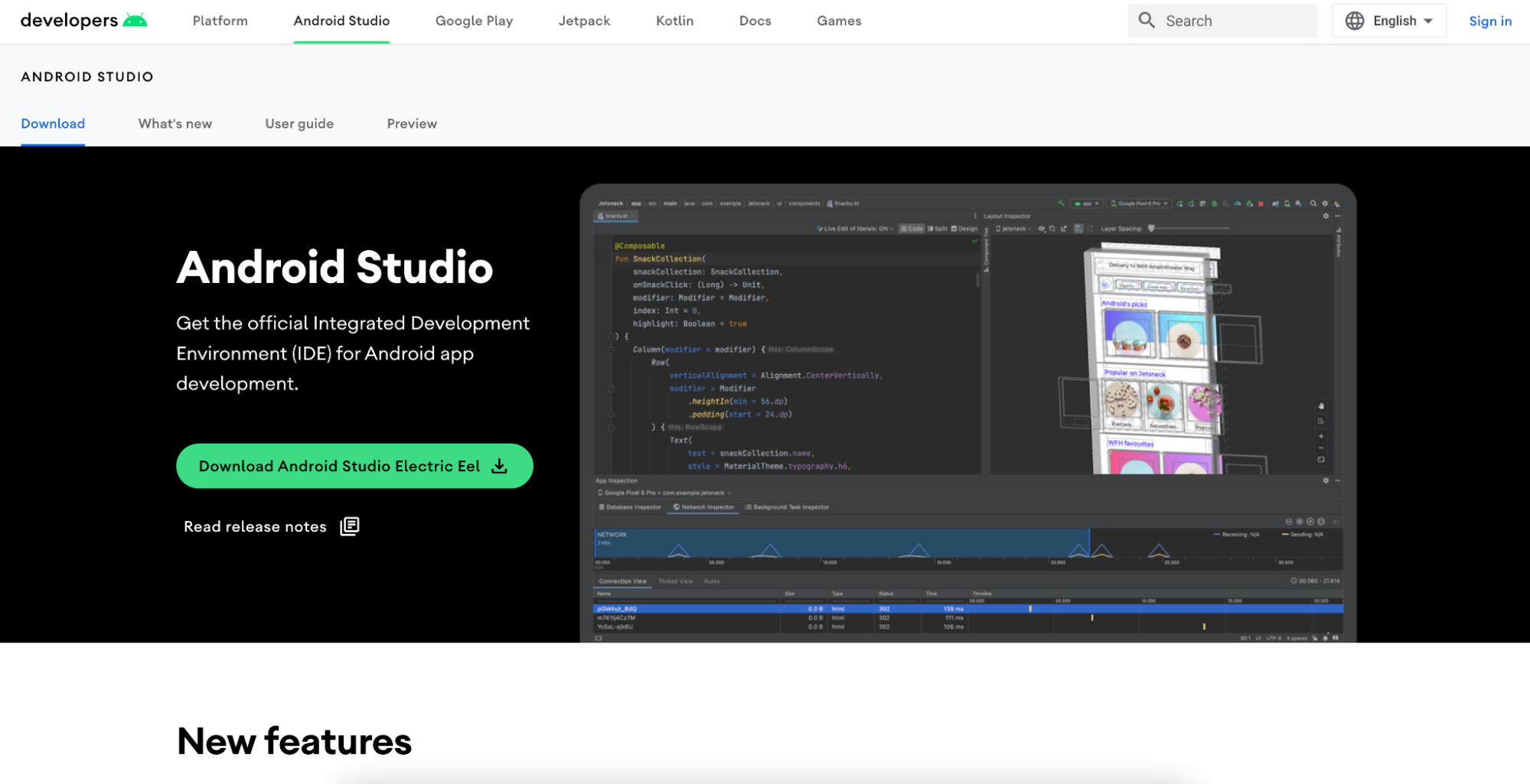 Capture d’écran présentant la page de téléchargement d’Android Studio. On y voit un aperçu de l’IDE, accompagné d’un bouton “Download Android Studio Electric Eel”.