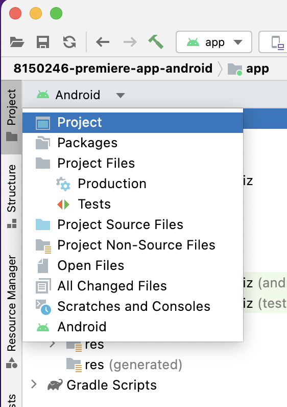 Cliquez sur Android pour afficher le menu avec l'option Project