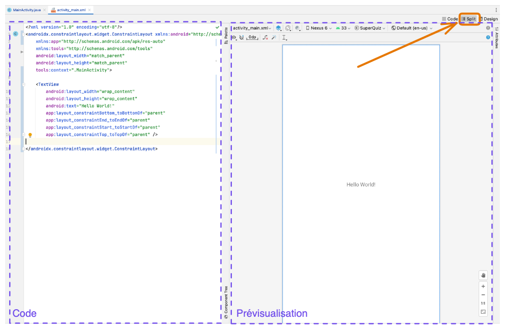 Capture d’écran d'Android Studio montrant l’affichage du layout activity_main avec la vue séparée en deux, à gauche le code et à droite la prévisualisation