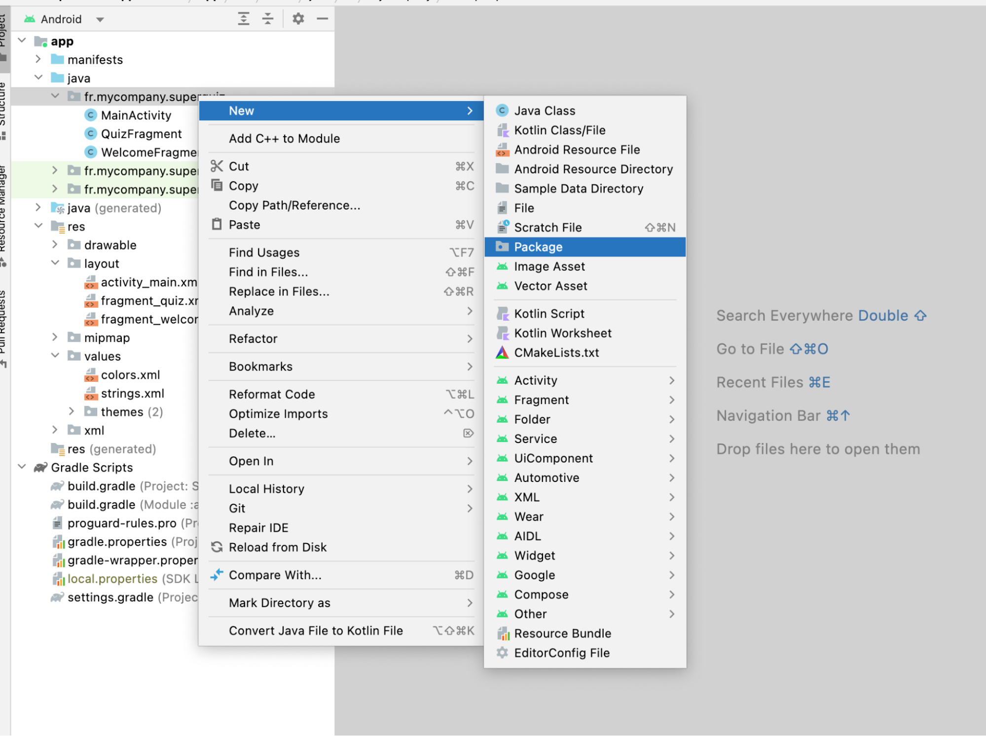 Capture d’écran d'Android Studio montrant l’accès au menu permettant de créer un nouveau package en faisant un clic droit dans l’arborescence de fichiers.