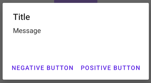 Capture d’écran d’une fenêtre de dialogue, contenant le titre “Title”, le message “Message”, un bouton nommé “Negative Button”, un bouton nommé “Positive Button”.