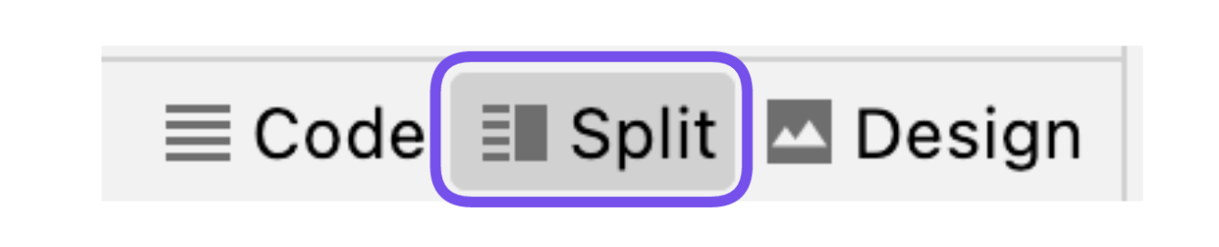 Capture d’écran des 3 boutons de l’éditeur graphique permettant de choisir le mode d’affichage : Code, Split ou Design.