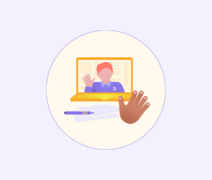 Animation of a student meeting with their mentor online waving at them over the camera with a papers and a pen in front of them.