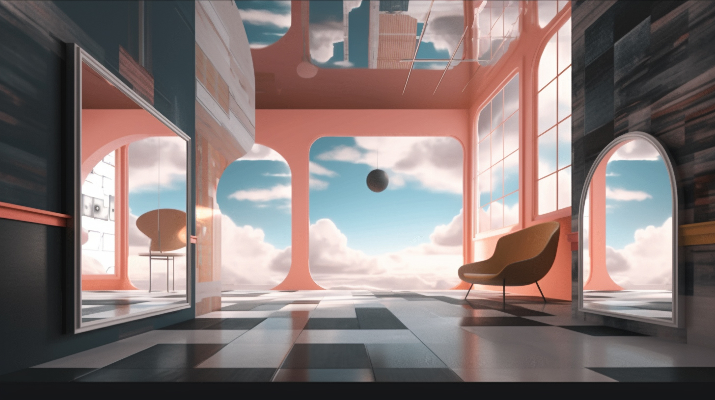 Background virtuel représentant un lieu de vie architectural futuriste, dans les tons rosés et gris. Il n'y a pas de frontière réelle entre l'intérieur et l'extérieur de la pièce.