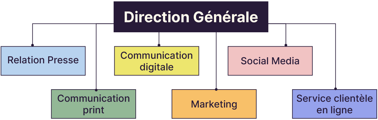 Organigramme avec en haut la Direction Générale. En-dessous les 6 départements suivants sont reliés à lui : communication print, communication digitale, marketing, Social Media, relation Presse et Service clientèle en ligne