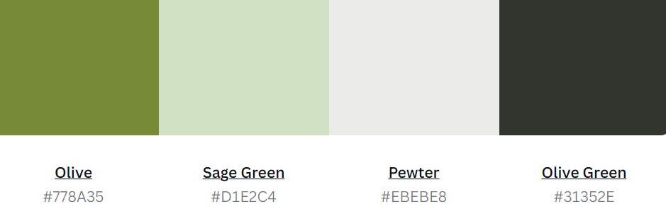 Code des 4 couleurs présentées : olive #778A35. Sage Green #D1E2C4. Pewter #EBEBE8. Olive green #31352E