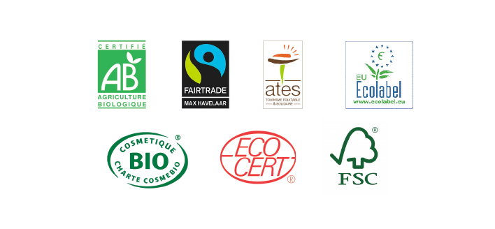 Les logos des 7 labels : Agriculture Biologique, Fairtrade, Tourisme équitable et solidaire, Ecolabel, Cosmestique Bio, Ecocert, FSC.