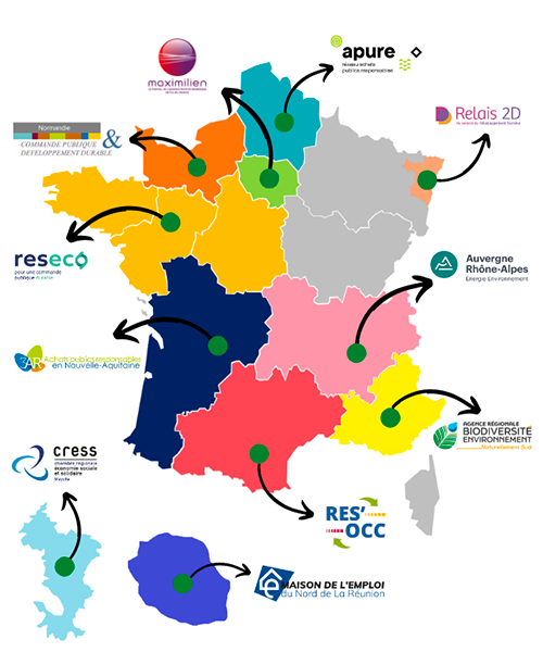 Carte géographique avec différentes régions françaises colorés d'une couleur spécifique. Et à côté de chaque région est rattaché un nom de réseau.