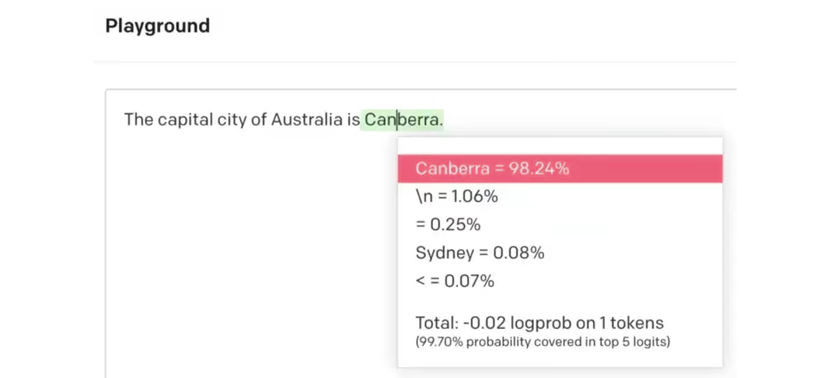 The next suggested word is Canberra. The probability of this being the correct answer is 98,24%. Sydney is also given as a suggestion, with a probability of 0.08%