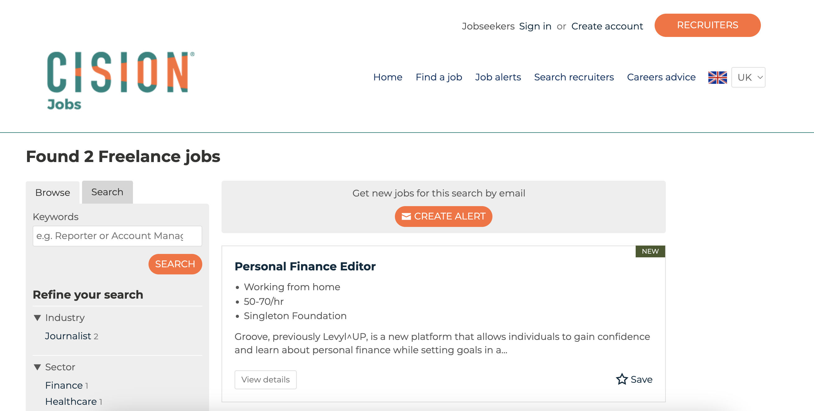 Screen shot of specialist job search site, Cision Jobs.