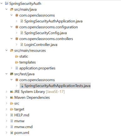 Le project explorer d’Eclipse affiche le projet SpringSecurityAuth, le fichier SpringSecurityAuthApplicationTests.java est en surbrillance.