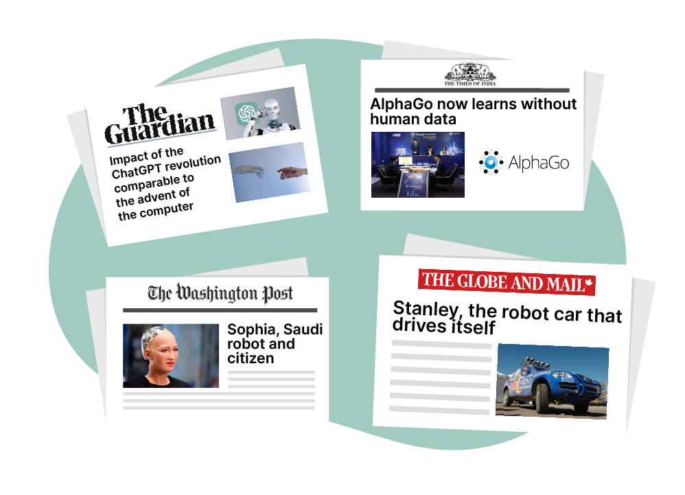 Some examples of AI making headlines in the news: Deep Blue, AlphaGo, Sophia (of Hanson Robotics), and Stanley the world's first self-driving car