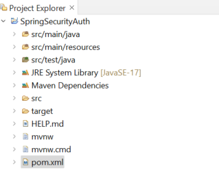 L'arborescence du projet SpringSecurityAuth est visible. Le fichier pom.xml est mis en évidence.