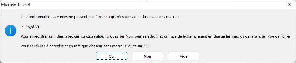 Impression d'écran de la fenêtre d’enregistrement quand le format Excel ne peut pas contenir de VBA